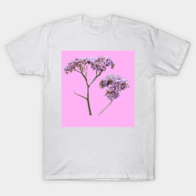 Purple flowers with a baby pink background T-Shirt by sunnytvart